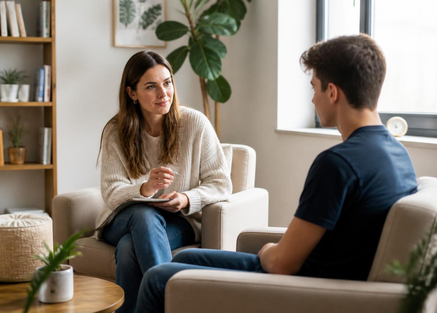 Psicóloga conversando con un adolescente en un espacio cálido y tranquilo