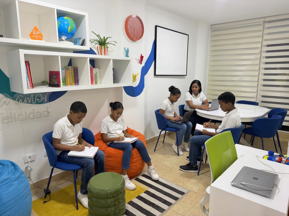Aula real de EDUSER con estudiantes y educadora añadidos mediante IA para ilustrar el aprendizaje personalizado