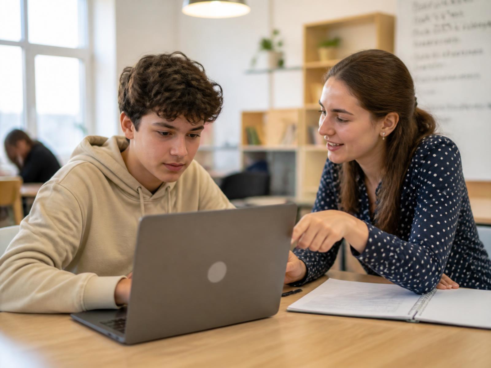 Docente acompañando individualmente a un estudiante adolescente que trabaja en su laptop